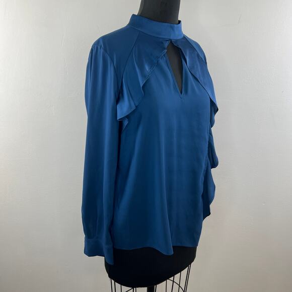 PARKER Blouse Top Back Stretch Back Keyhole Mock Neck Ruffle Size Medium M - Picture 3 of 9